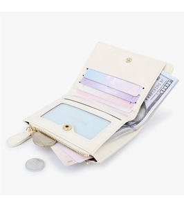 Interior layout of cream short wallet with card slots, photo window and zipper pocket