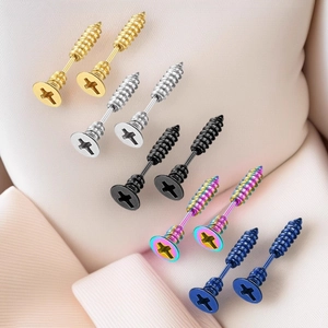 Industrial screw stud earrings in multiple colors like gold, black, and silver