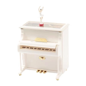 Classical white upright piano music box with rotating ballerina and storage space