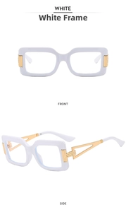 Front and side views of white square glasses with cutout gold metal temple detail