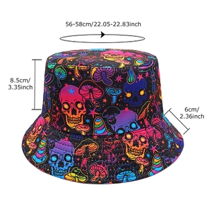 Skull and mushroom print bucket hat with dimensions 56-58cm for sun protection