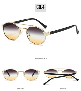 Detailed views of vintage oval double bridge sunglasses with gradient purple lenses