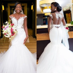 Mermaid Wedding Dress Off The Shoulder Lace Appliques Long Train Backless Slim Bridal Gown For Women