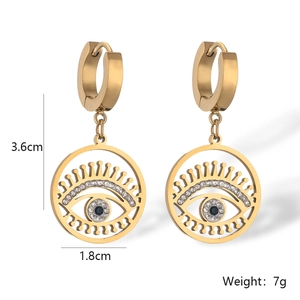 Detail of gold evil eye earrings with dimensions 3.6cm length and 7g weight