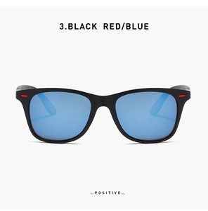 Front view of black matte sports sunglasses with blue reflective polarized lenses