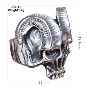 Macro detail of gothic ram skull ring showing size 11 dimensions and 32g weight