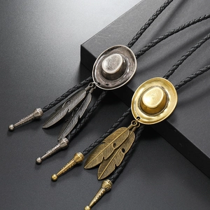 Vintage Western Cowboy Hat Bolo Tie Necklace With Metal Feather Pendants And Braided PU Leather Cord For Men Punk Style