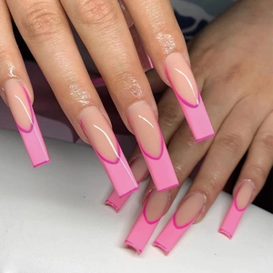 Long Coffin Press On Nails Pink French Tip High Gloss Resin Fake Nails Ballerina Style For Women