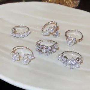 Elegant 6-piece silver pearl zircon ring set with minimalist Korean style for women