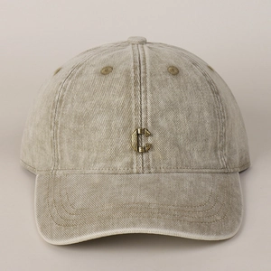 Vintage washed cotton baseball cap with metallic letter C in light khaki color