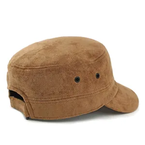 Brown faux suede cadet cap with flat top and adjustable strap in a vintage casual style