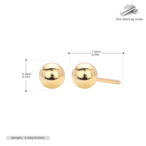 Detailed technical diagram of 925 sterling silver ball stud earrings showing size and weight