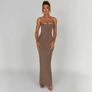 Detail view of mocha brown backless bodycon maxi dress with slender spaghetti straps