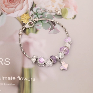 Silver charm bracelet with purple crystal beads and cute pink cat pendant jewelry