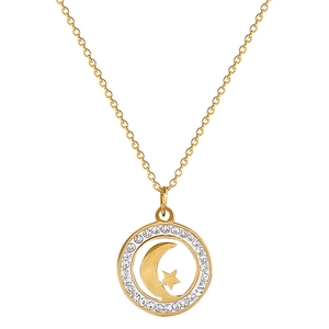 Titanium steel gold necklace featuring a moon and star pendant with clear crystals