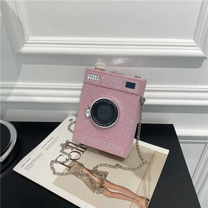 Camera Shaped Crossbody Bag Rhinestone Sequin Metal Chain Novelty Retro PU Leather Shoulder Purse For Women