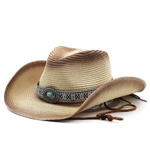 Chapeau de cowboy en paille style ethnique dégradé marron avec pierre turquoise