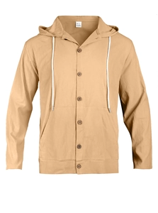 Close-up of khaki linen blend hoodie shirt showing fabric texture and L size label