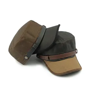 Military style flat top cadet caps in vintage brown and grey canvas with leather straps