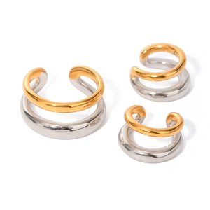 Minimalist 18k gold and silver two-tone double layer ear cuffs in polished stainless steel