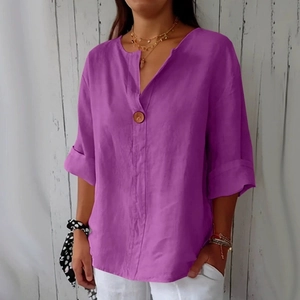 Maglietta casual da donna in lino di cotone viola con scollo a V e dettaglio bottone
