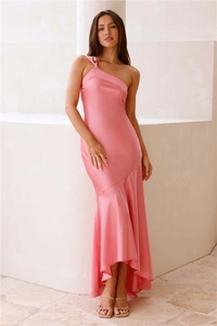 Detail of elegant pink one-shoulder satin maxi dress with a mermaid hemline and silky texture