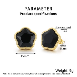 Detailed view of 15mm five-petal flower stud earrings in gold stainless steel and glass