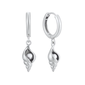 Silver conch shell hoop earrings with inlaid pearls in a minimalist aesthetic