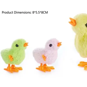 Three colorful wind-up plush chicks in yellow, pink and green, 8x5.5x8cm size
