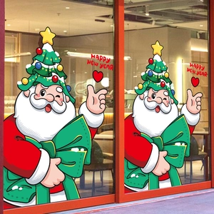 Cartoon Santa Claus with bow static window stickers for Christmas shop display