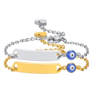 Gold and silver stainless steel Evil Eye bracelets with customizable ID plate and heart charm
