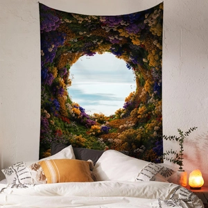 Bohemian floral landscape wall tapestry for bedroom decor with blue sky scenery