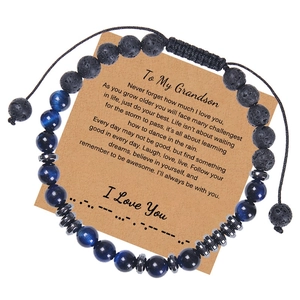 Morse code bracelet with blue tiger eye stone and lava rock beads for grandson gift