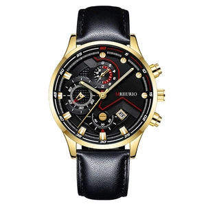 Business men's watch with golden steel case, black leather strap and multi-function dial