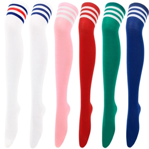 Detail of knit cotton over-knee socks with triple stripes in various vibrant colors
