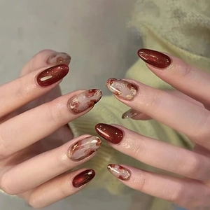 Press On Nails Amber Marble Smudge Gold Foil Cat Eye Design Almond Shape Glossy Artificial False Nails For Women