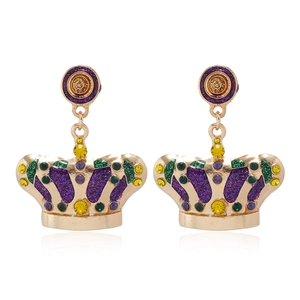 Colorful crown earrings with purple and green rhinestones in gold plating for women
