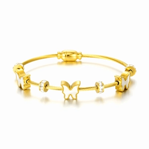Golden cable wire bracelet with white butterfly charms and sparkling crystal accents