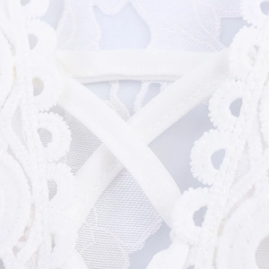 French style white lace dress featuring high waist V-neck and delicate jacquard floral details