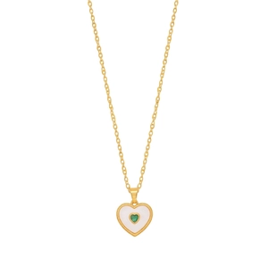 French vintage gold heart pendant necklace with white enamel and green gemstone
