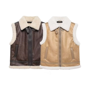 Women Faux Leather Vest With Lamb Wool Lining Zip Up Sleeveless Waistcoat Retro Warm Outerwear For Autumn Winter