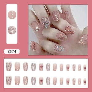 Faux ongles en tweed rose avec perles et motifs floraux, ensemble de 24 pièces