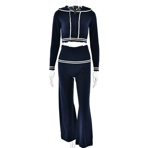 Women's navy knit 2-piece track suit with zip hoodie and wide-leg striped pants