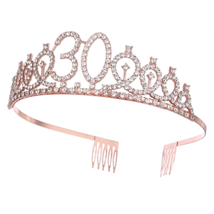 Detail of rose gold 30th birthday crown with sparkling rhinestones and securing hair combs