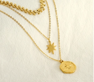 Detail of gold multi-layer necklace featuring hexagram and round star coin pendants