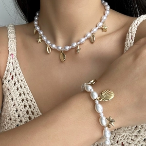 Bohemian Faux Artificial Pearl Necklace Bracelet Anklet With Shell Starfish Conch Charms Women Beach Vacation Jewelry
