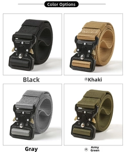 Tactical nylon belts in black, khaki, grey, and army green with 12KN/24KN quick-release buckle