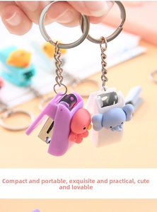 Close-up of cute cartoon octopus and elephant mini staplers with portable metal keychains