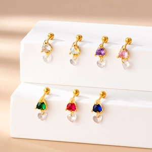 Set of 7 gold stainless steel cartilage studs with colorful zircon heart pendants