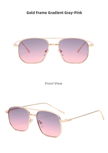 Detail view of gold frame sunglasses with gradient grey-pink lenses and double bridge